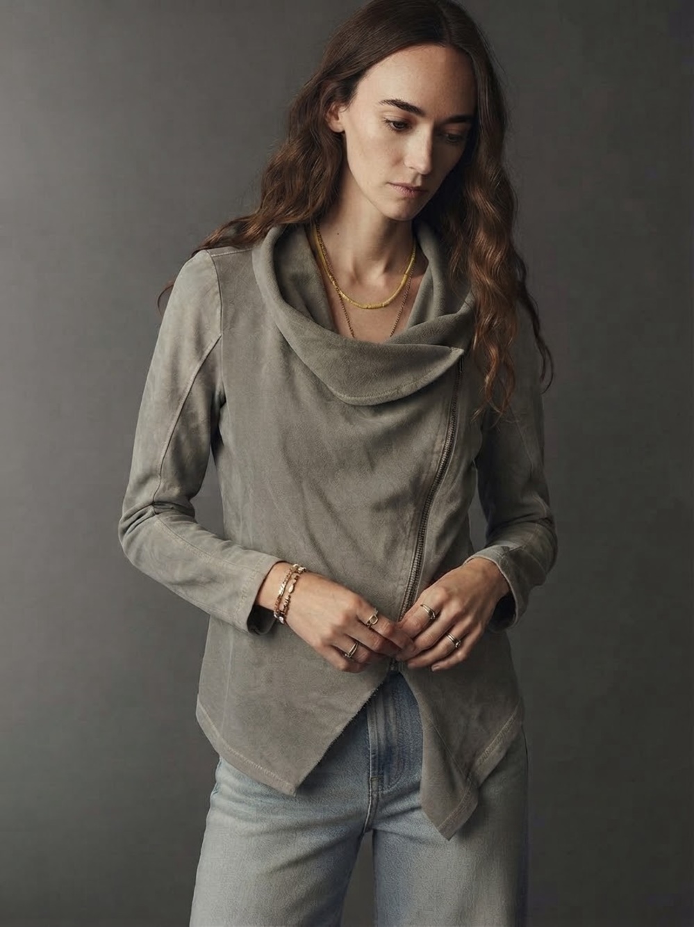 Others Follow Sage Green Gray Asymmetrical Zip Moto Jacket Sweater Size S Anthro